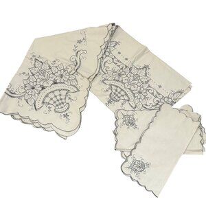 Madeira Cutwork Linen Lace Floral Tablecloth Napkin Embroidered VTG Heirloom Set